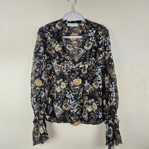 Robert Rodriquez Blouse Small Sheer Chiffon Silk Floral Ruffle Bell Sleeve Gauzy